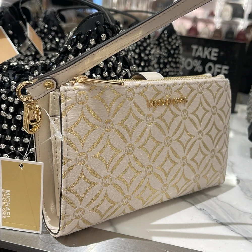 Michael Kors Jet Set Travel Large Double-Zip Wristlet-Wallet-PhoneHolder Pale Gd
